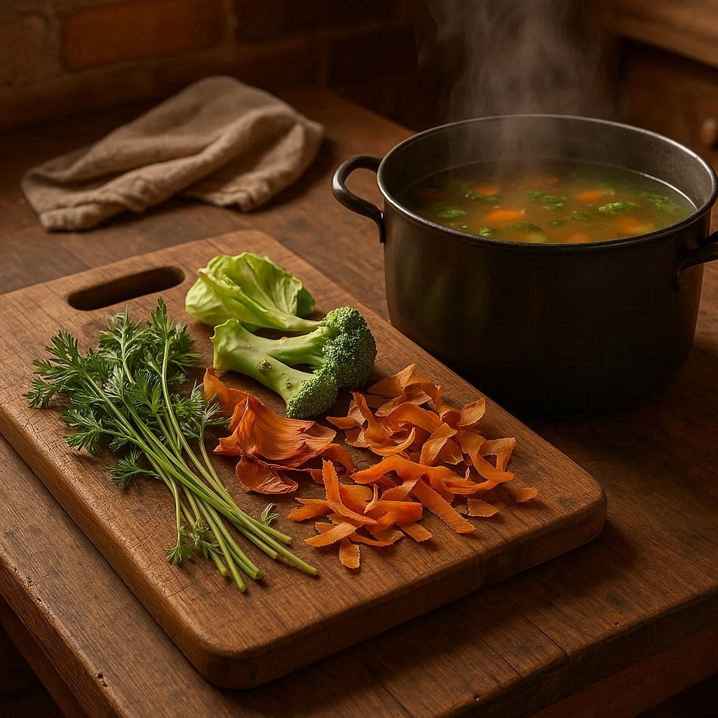 Gemüsereste auf einem Schneidebrett werden zu einem nachhaltigen Gemüsefond verarbeitet.