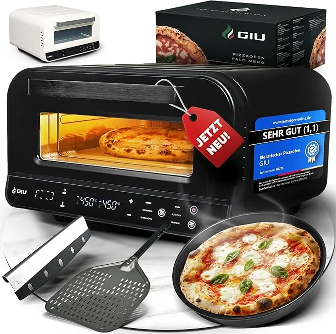 Schwarzer GIU FALÒ Elektro-Pizzaofen mit Pyrolyse-Funktion und Zubehör-Set aus Edelstahl.