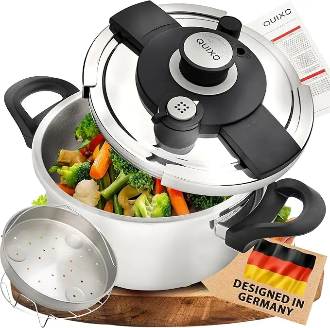 nachhaltige Schnellkochtöpfe im Test: Der QUIXO VitaSmart 4L mit Ein-Hand-Verschluss und NutriBoost-Ringen.